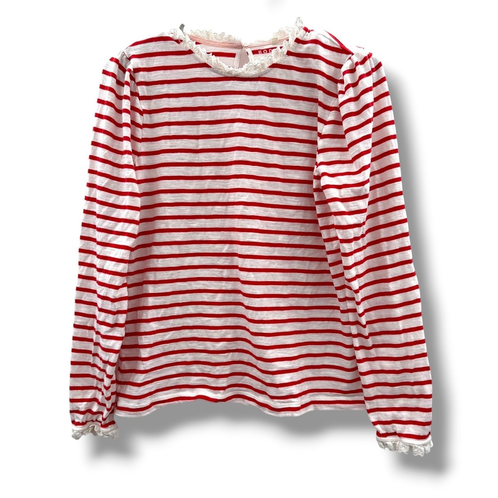 Boden Striped Top Womens 10 Red White Lace Trim Puff Sleeve‎ Cotton T1666